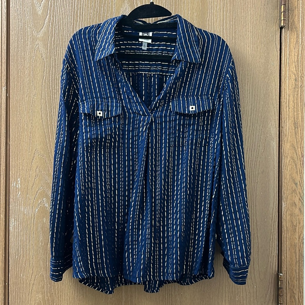 Anne Klein Navy Blue/Gold Shirt - Picture 1 of 4